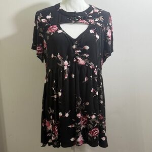 Torrid 2X Super Soft Floral Babydoll Top Choker Neck Cutout Black Pink Roses